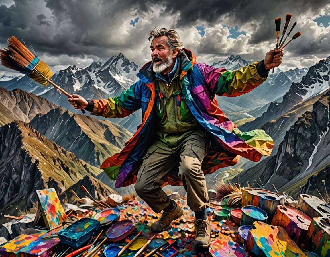 Giant Painter Colors Mountains with Massive Brushes