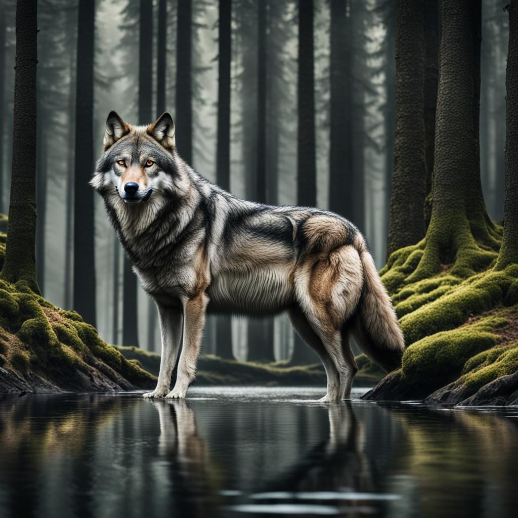Wolf Searches Forest Near Water in Hyperrealistic Style