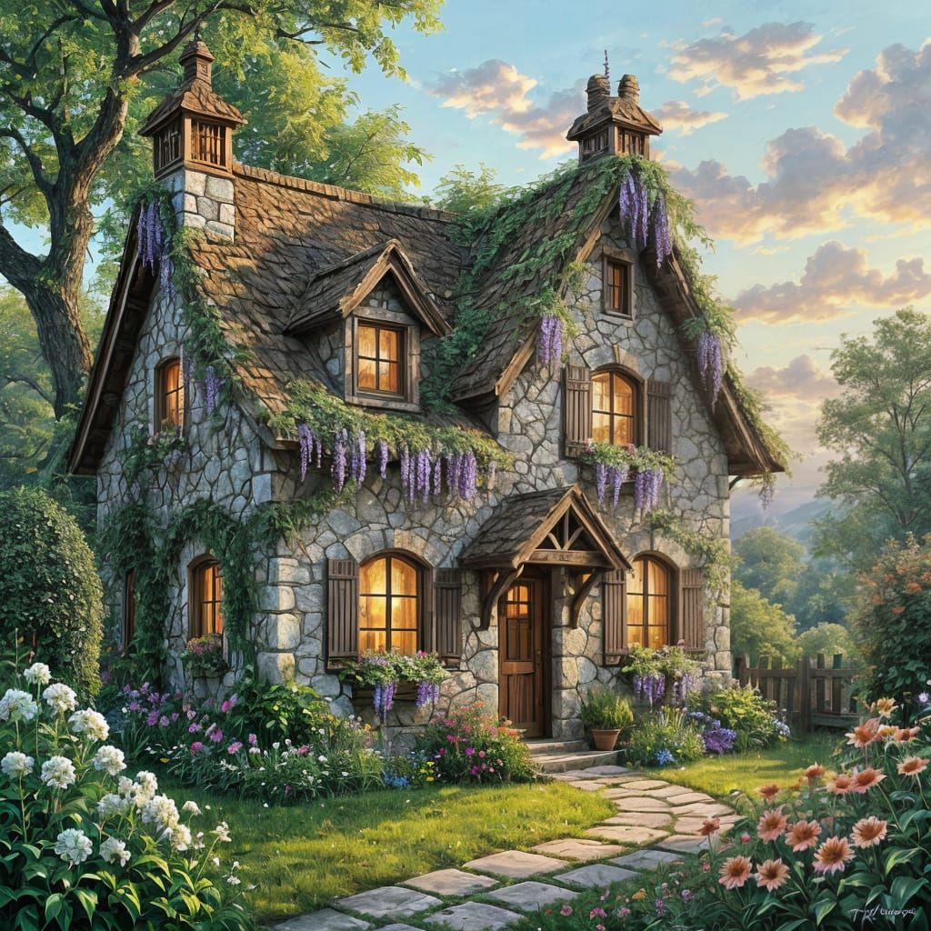 Floral Cottage Painting at Golden Hour