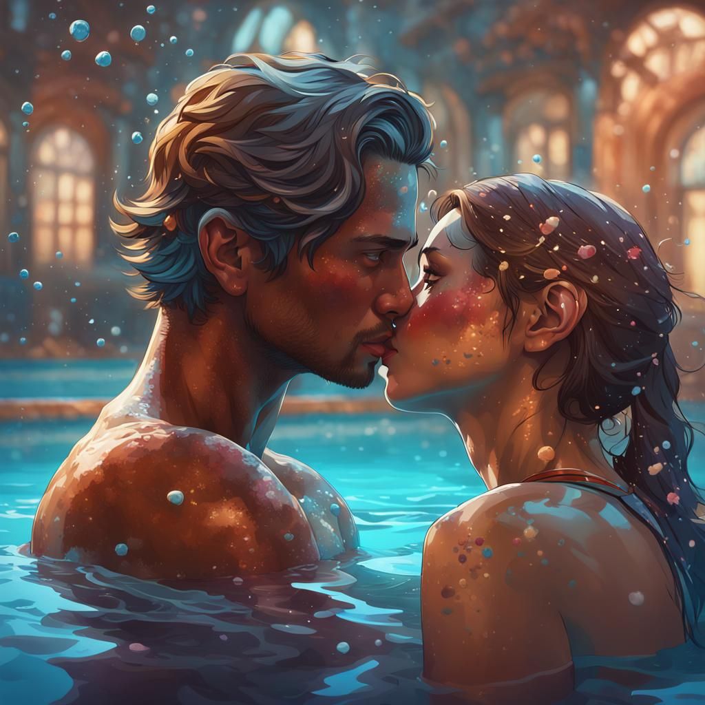 Boy Kisses Girl in Pool: Hyperdetailed Splash Art