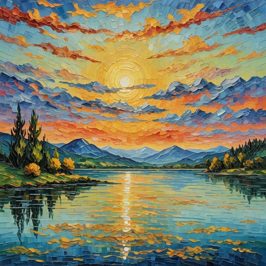 Sunrise Over Lake as Impasto Oil Painting