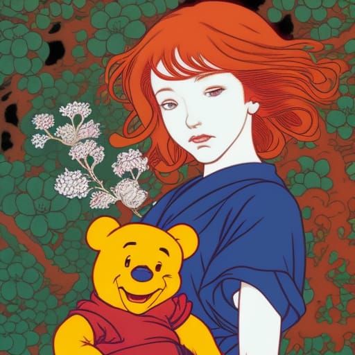 Celtic Girl with Winnie the Pooh in Block Print Style