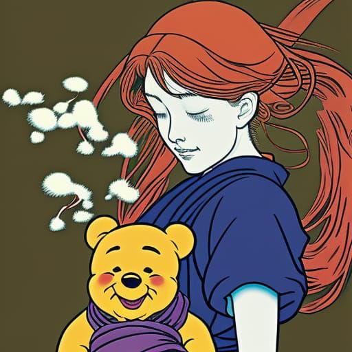 Celtic Girl with Pooh in Hokusai Block Print Style