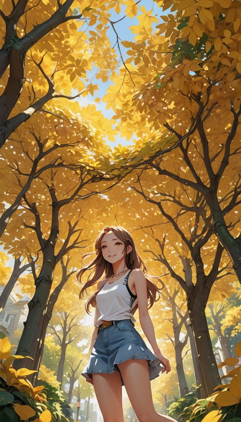 Anime Woman Under Yellow Autumn Canopy