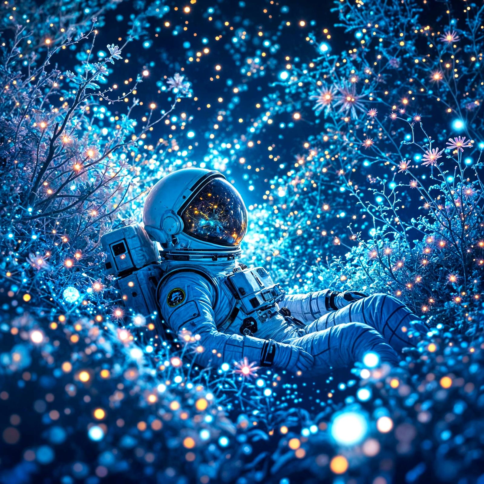 Astronaut Adrift in Bioluminescent Cosmic Ocean