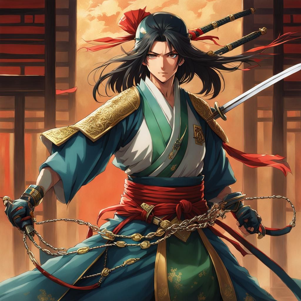 Feudal Japanese Warrior with Jade Chain Blades in Anime Styl...