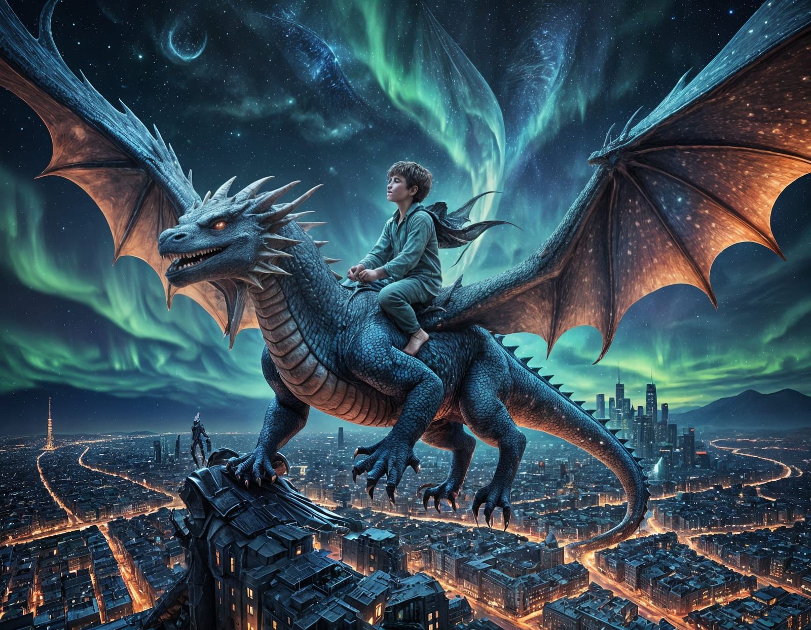 Boy on Dragon Soaring Through Aurora Sky