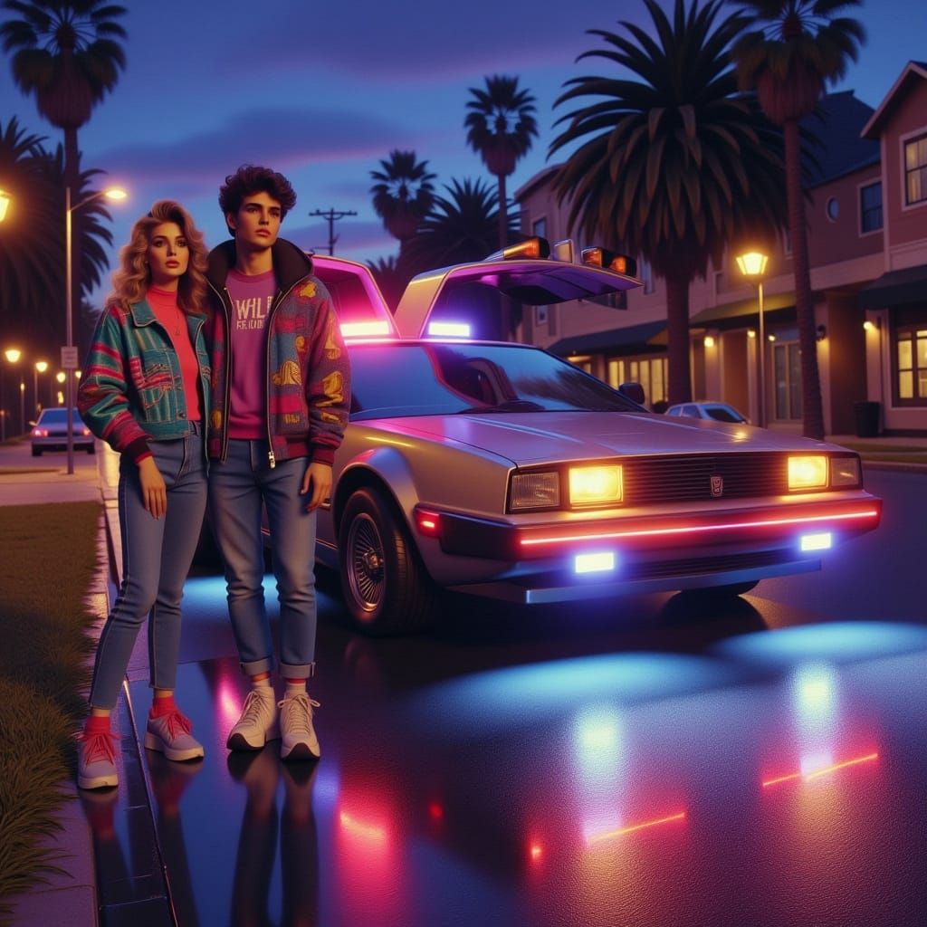 Retro 80s Movie Poster with Time-Traveling Car