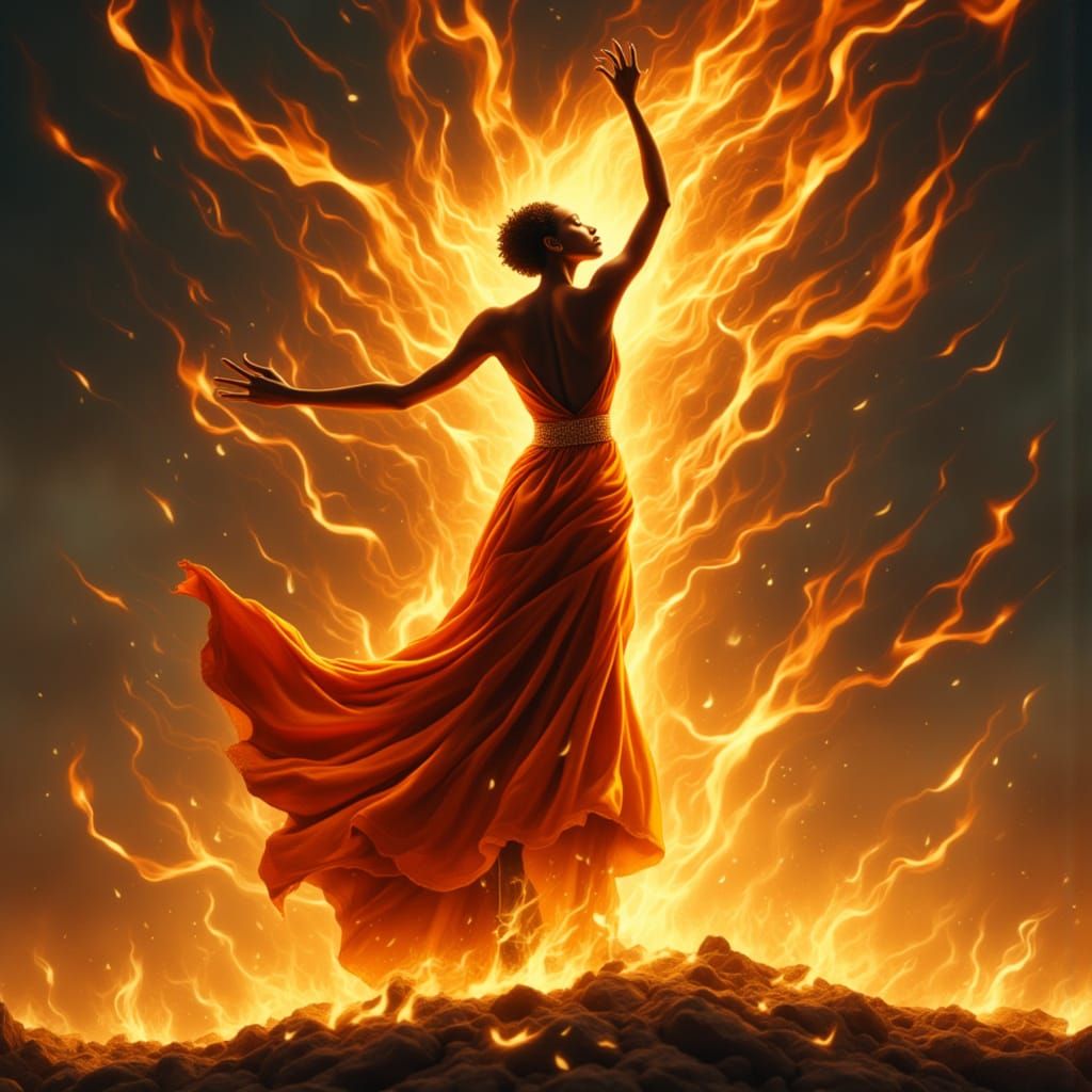 Fearless Fire Woman in Ethereal Futuristic Landscape