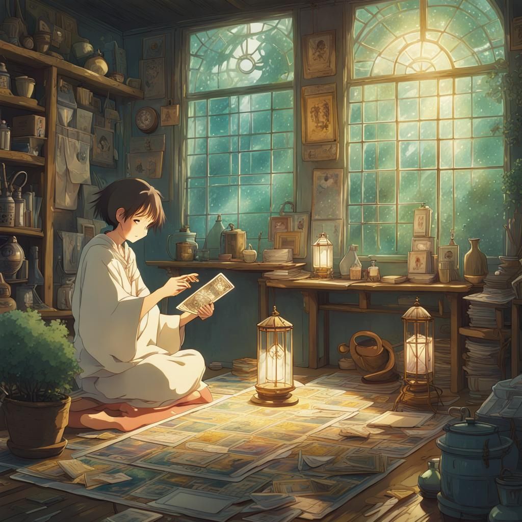 Anime Tarot Card Reader in Studio Ghibli Style