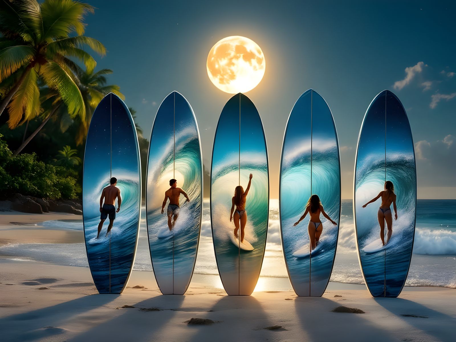 Moonlit Beach Surfers in Tropical Paradise