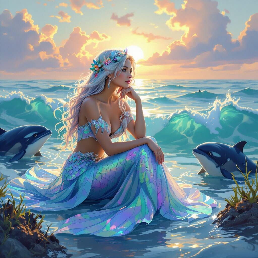 Iridescent Mermaid Contemplation in Dreamy Realism