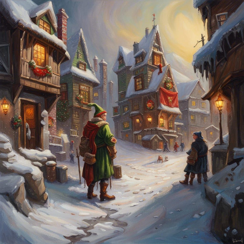 Christmas Elf Village in Snowy Oil Painting Style