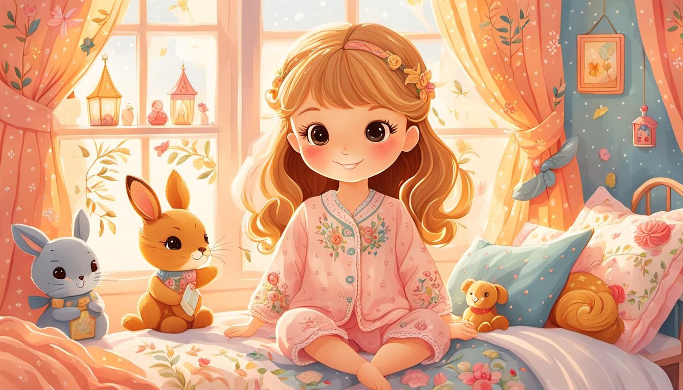 Chibi Girl in Toy-Filled Bedroom Illustration