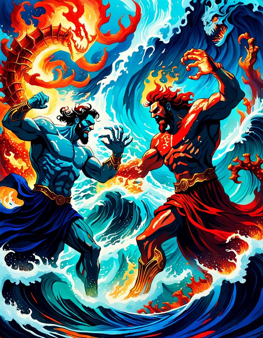 Poseidon and Hades Clash in Fauvist Battle