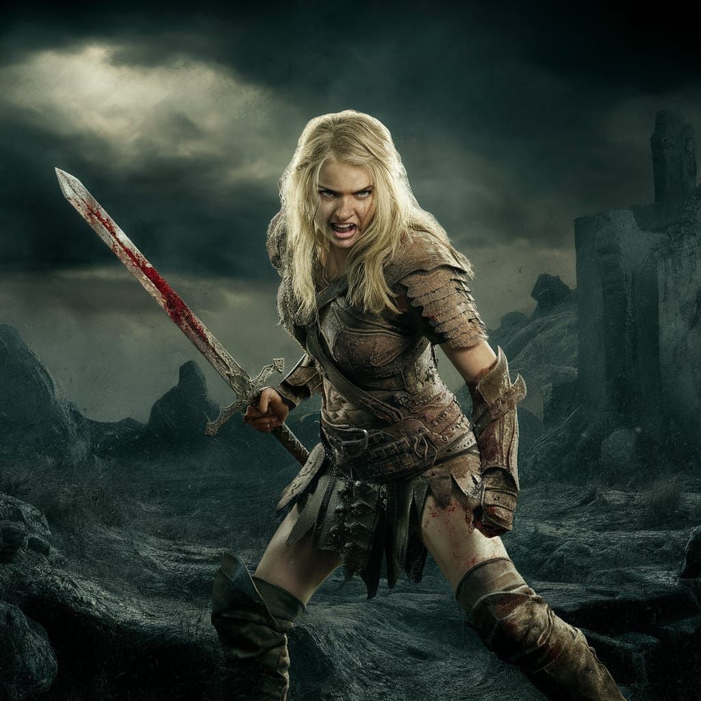 Fierce Blonde Barbarian in Desolate Landscape