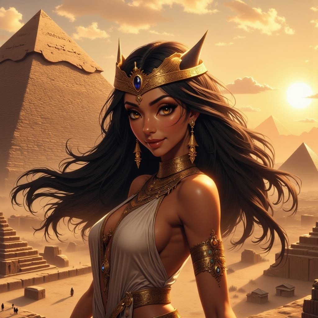 Regal Pharaoh in Golden Light, Ancient Pyramid in the Backgr...