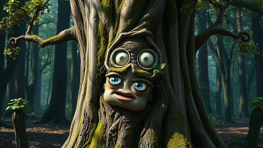 Moss-Covered Tree Trunk Smiles in Ancient Forest