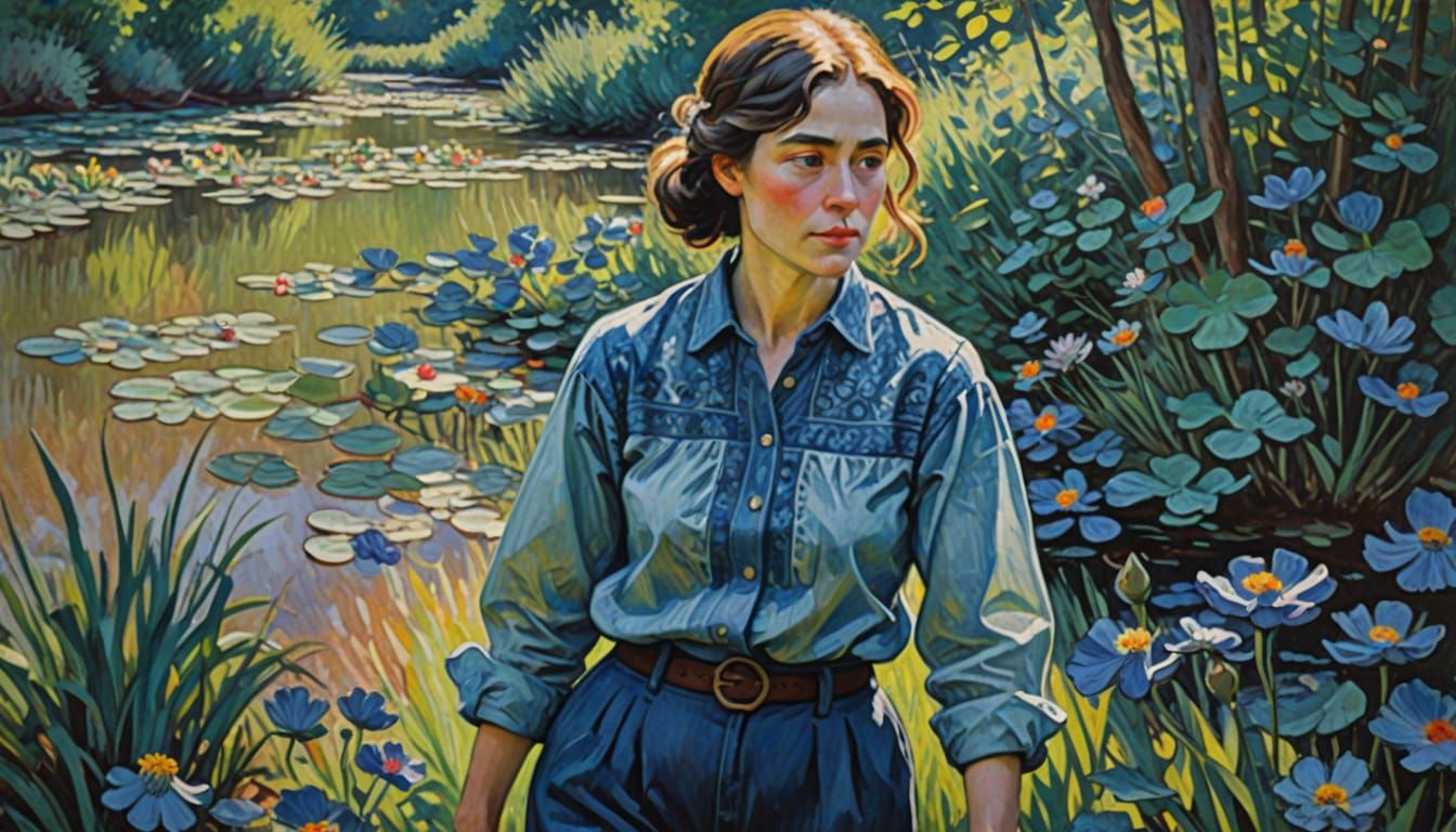 A Woman in Blue, in the Style of Impressionist Masterpiece
