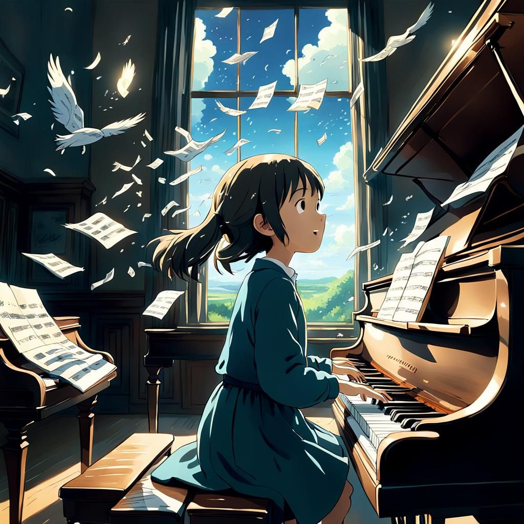 Piano Girl in Studio Ghibli Anime Style