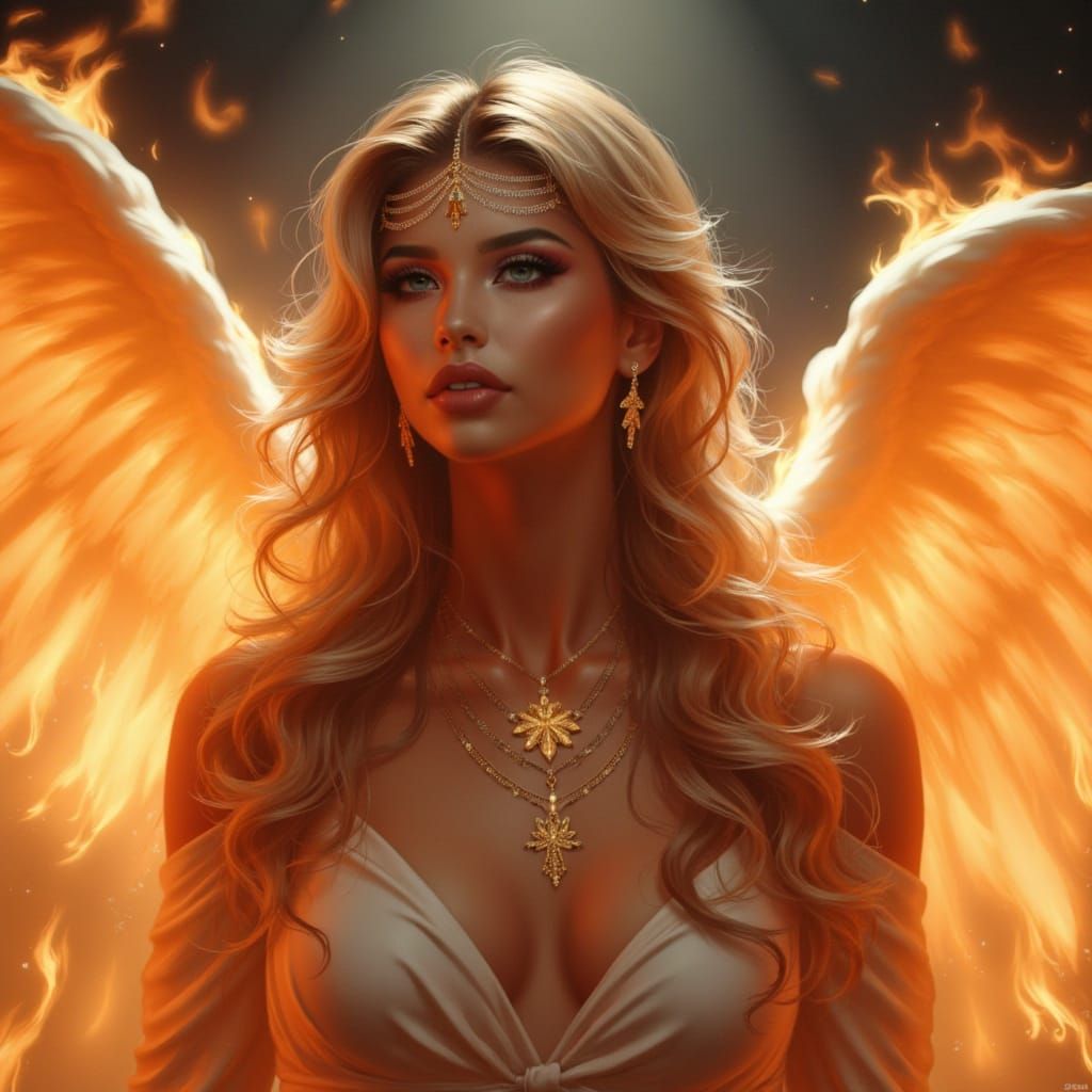 Angelic Portrait with Flaming Wings and Radiant Light