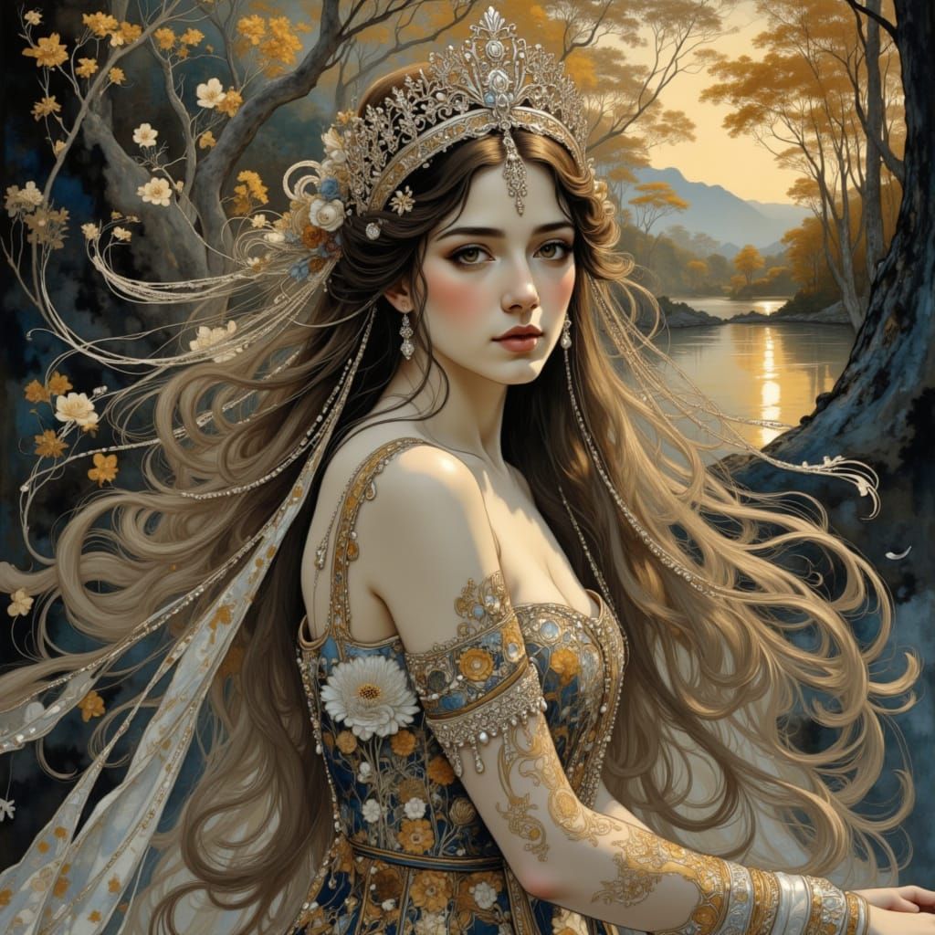 Elegant Princess in Art Nouveau and Impressionist Pastel Sty...