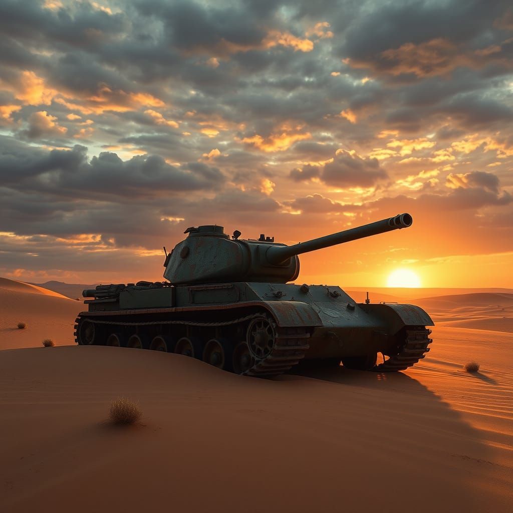 Abandoned Tank in Desert Sunset Landscape