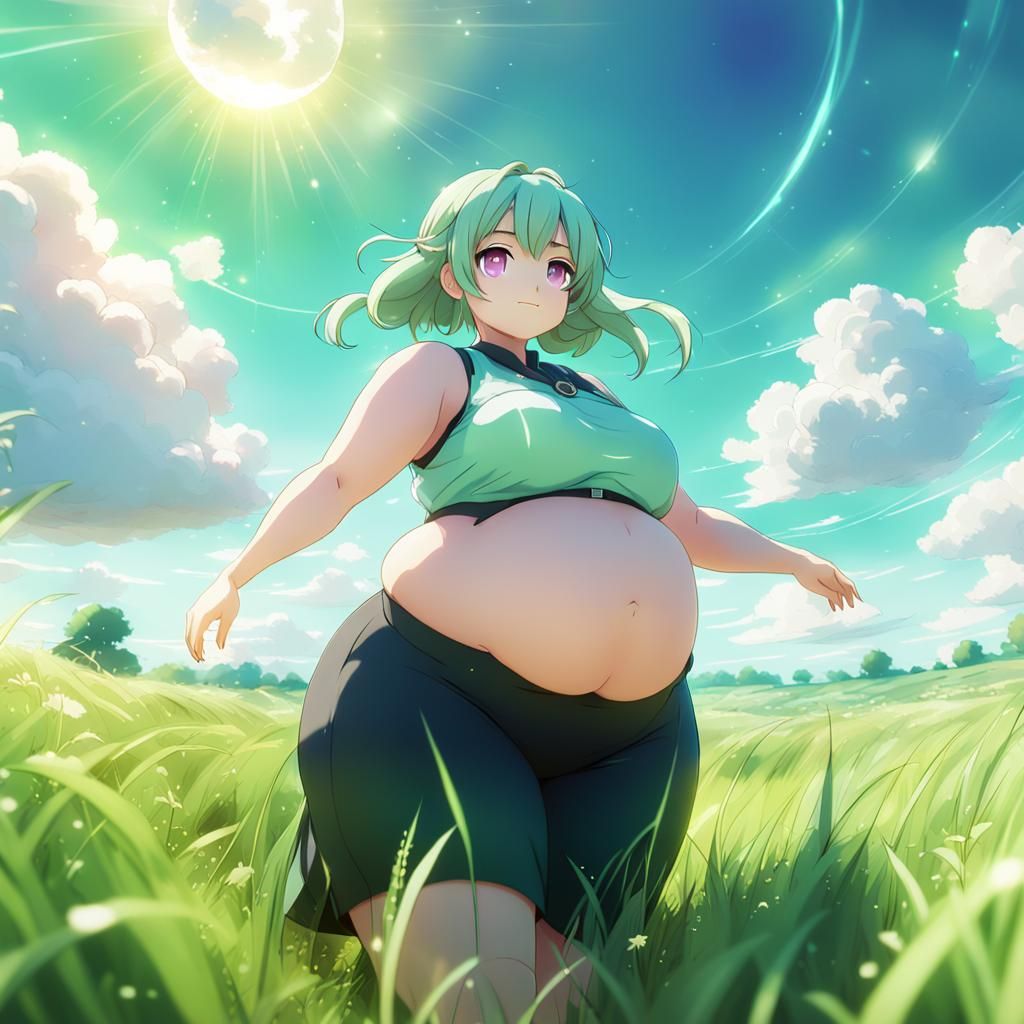 Anime Girl with Round Belly in Lush Field