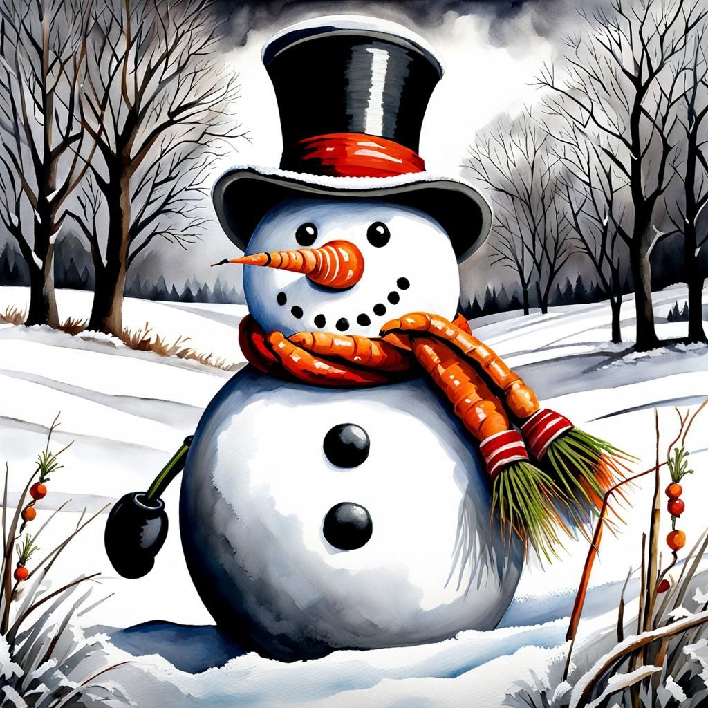 Snowman in Snowy Field: Aquarelle Painting