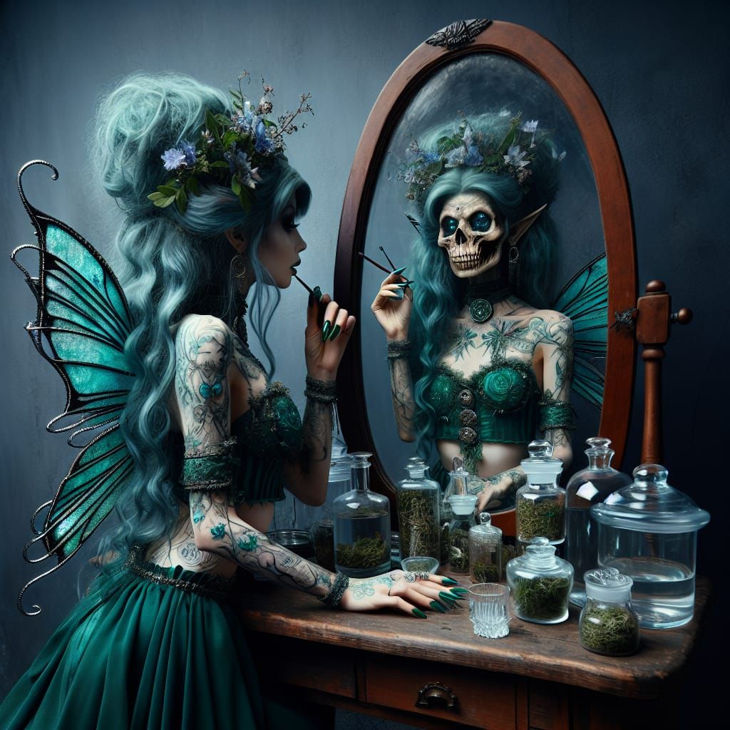 Gothic Fairy at Vanity with Eerie Reflection