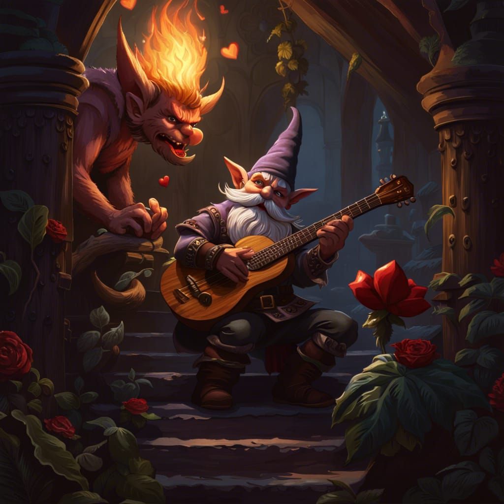 Gnome's Lute Seduces Demon in Dark Fantasy Art
