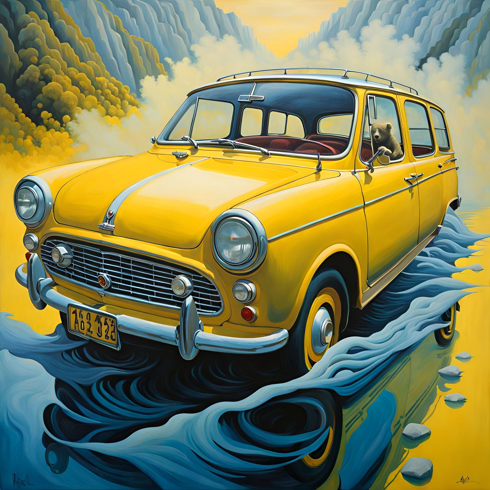 Grotesque Blue Car Submerged in Yellow Fog
