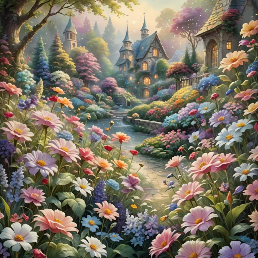 Enchanting Garden in Thomas Kinkade Style