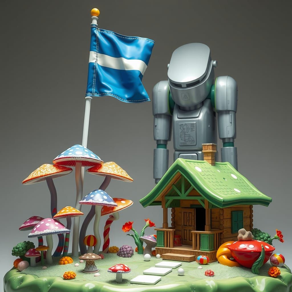 Surreal Whimsy: Vibrant Mushroom Flag and Playful Machines