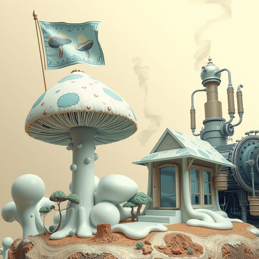 Surrealist Wonderland with Powder-Blue Mushroom and Whimsica...