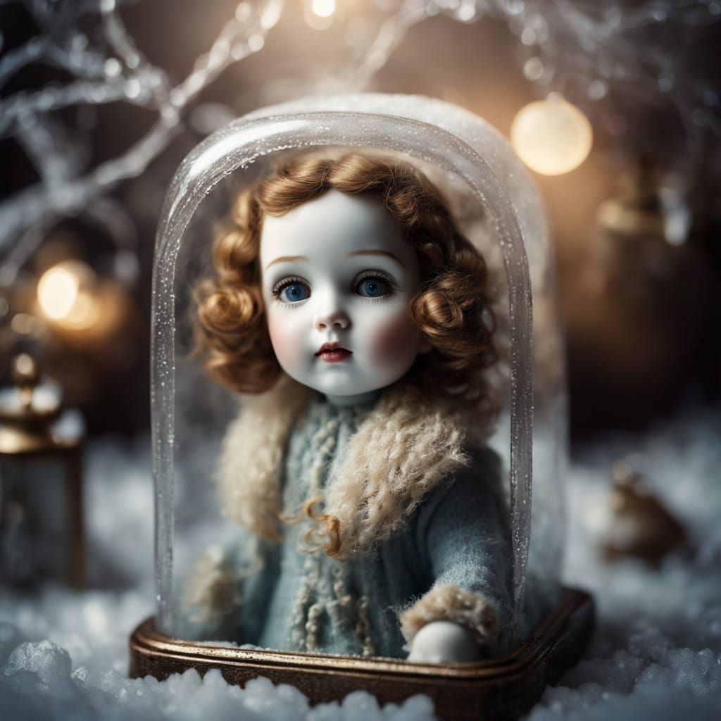 Vintage Doll Frozen in Time, Gothic Winter Scene
