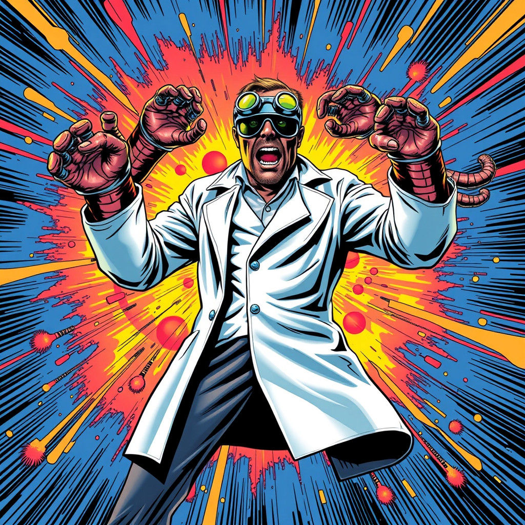 Marvel Comics villain Doctor Octopus, four mechanical arms, safety goggles, lab coat in the style of artist Jack Kirby, ...