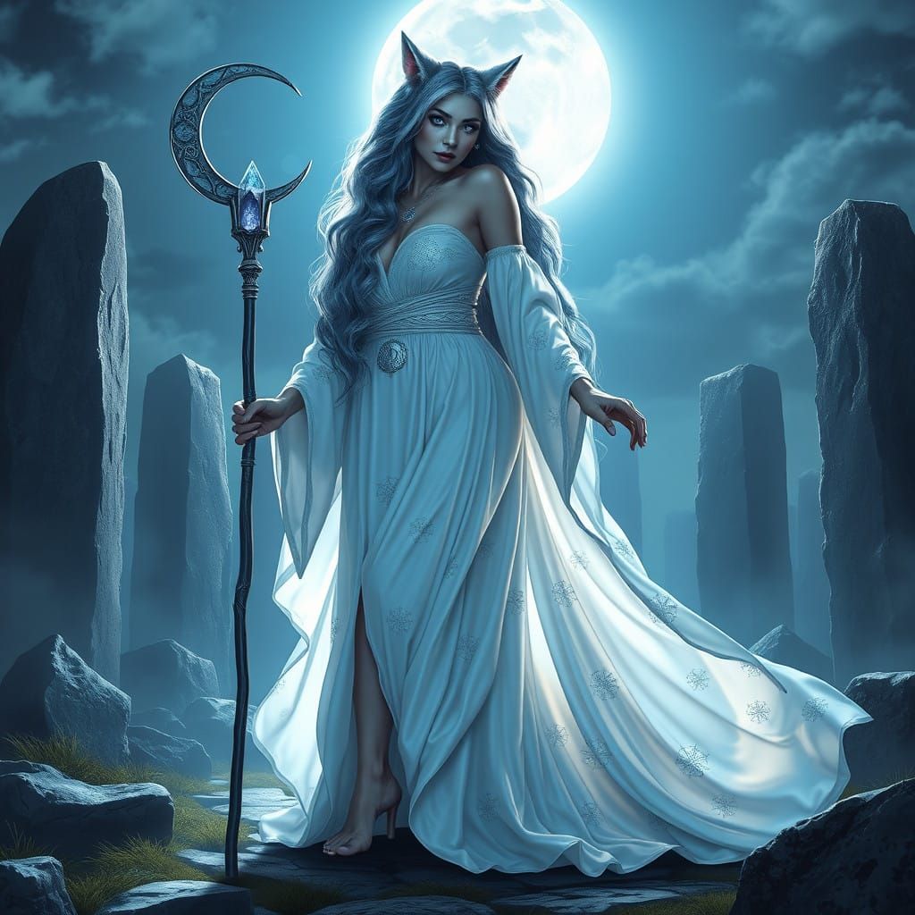 Ethereal Werewolf Priestess in Moonlit Glade