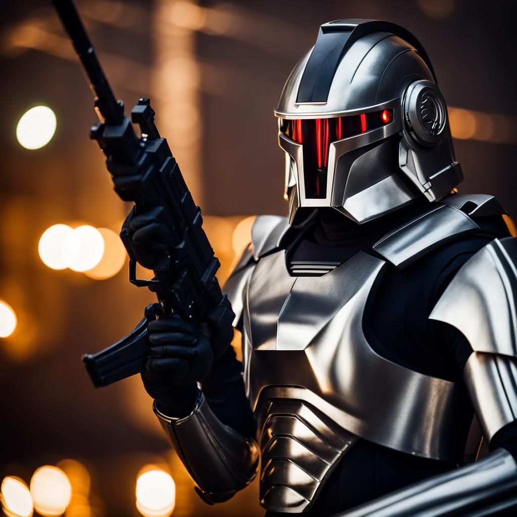 Full-body portrait Cylon from Battlestar Galactica shotting his fire gun