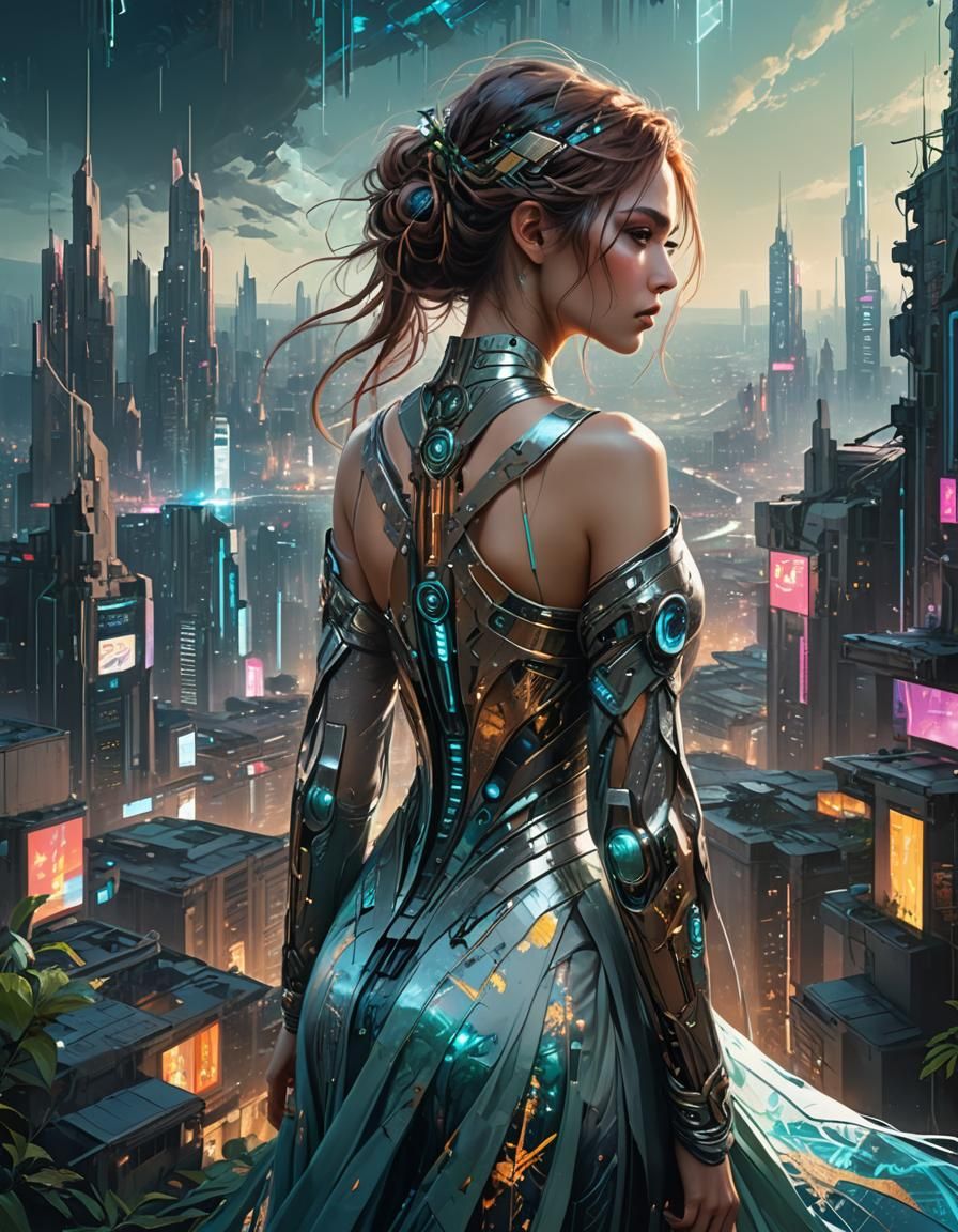 Ethereal Woman in Cyberpunk Cityscape Illustration