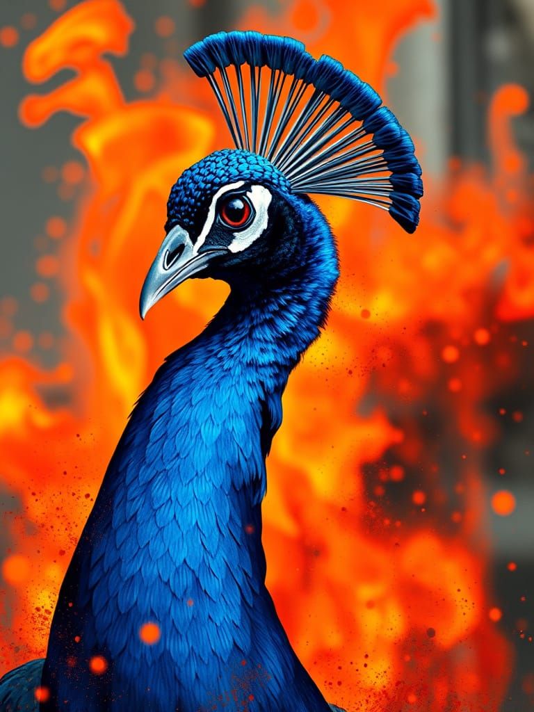 generate in hyper photographic reality, a peacock head turned towards us, majestic ultra-detailed bird of a deep blue. A...