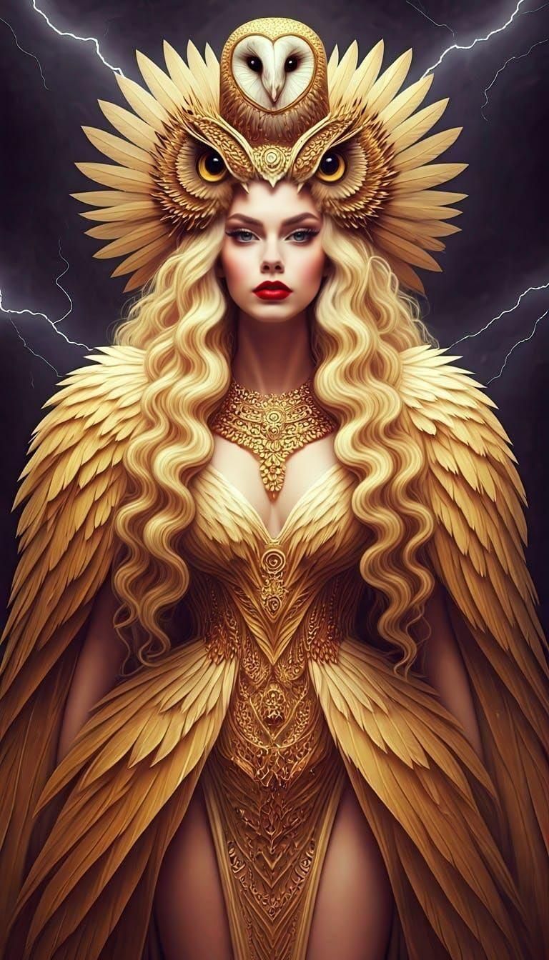 Goddess in Elegant Owl Crown with Lightning Background