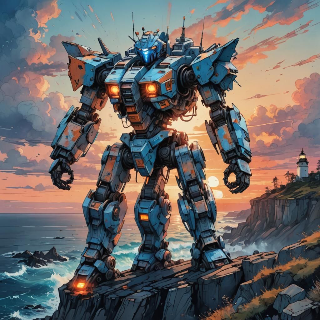 Giant Mecha-Robot Lighthouse at Sunset in Cyberpunk Style