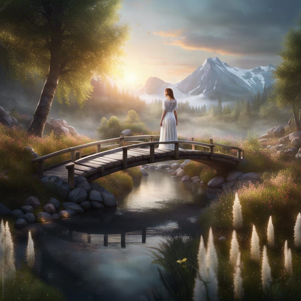 Woman with Flowers on Mountain Bridge