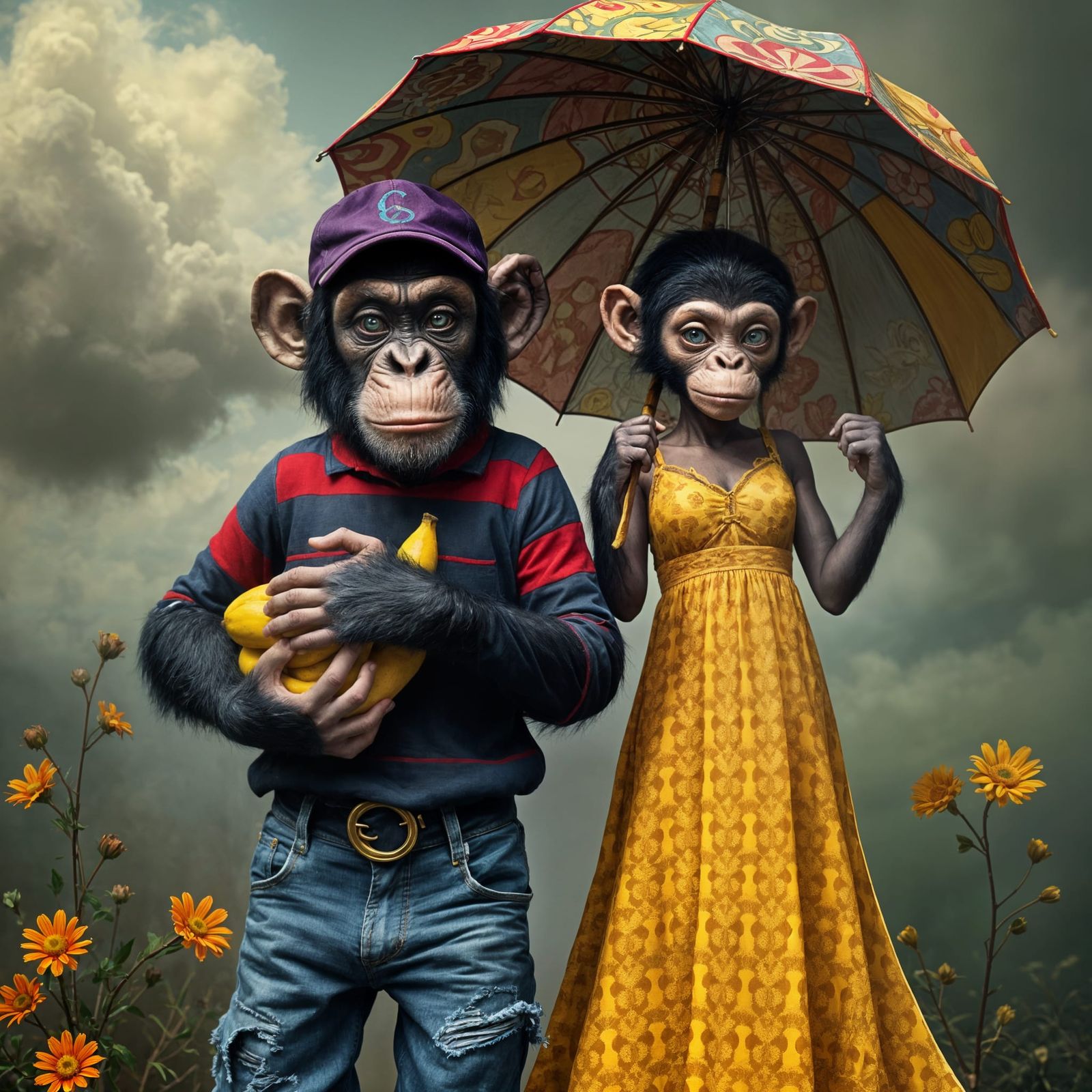 Whimsical Anthropomorphic Chimpanzees in Bright Clothing