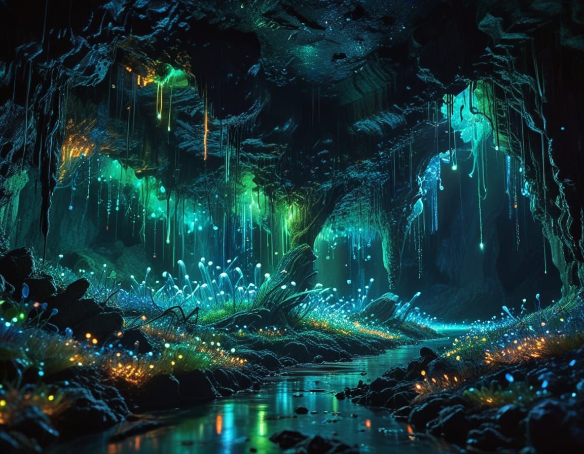 Surreal Cave Concert in Vibrant Digital Art