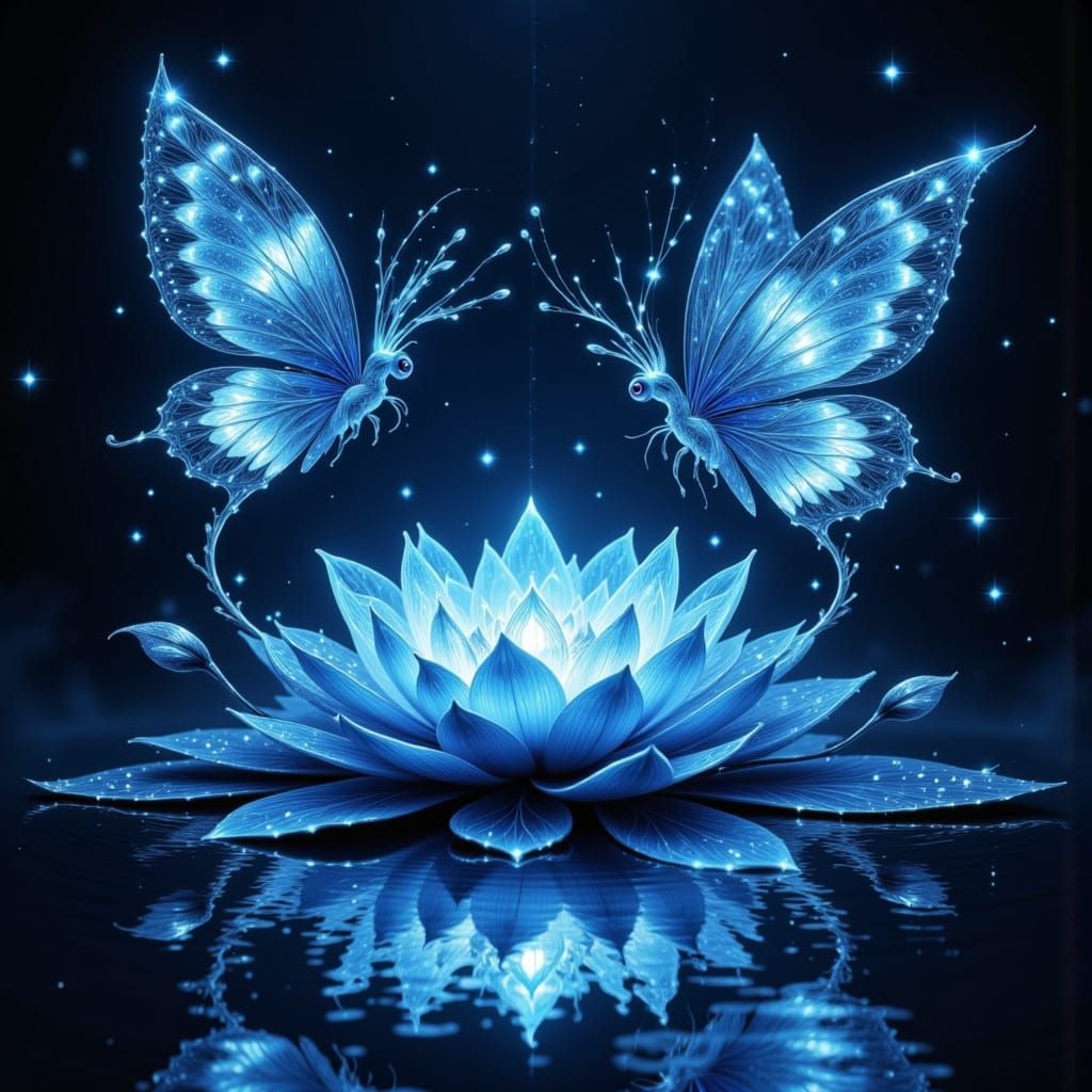Ethereal Blue Butterflies on Luminous Lotus
