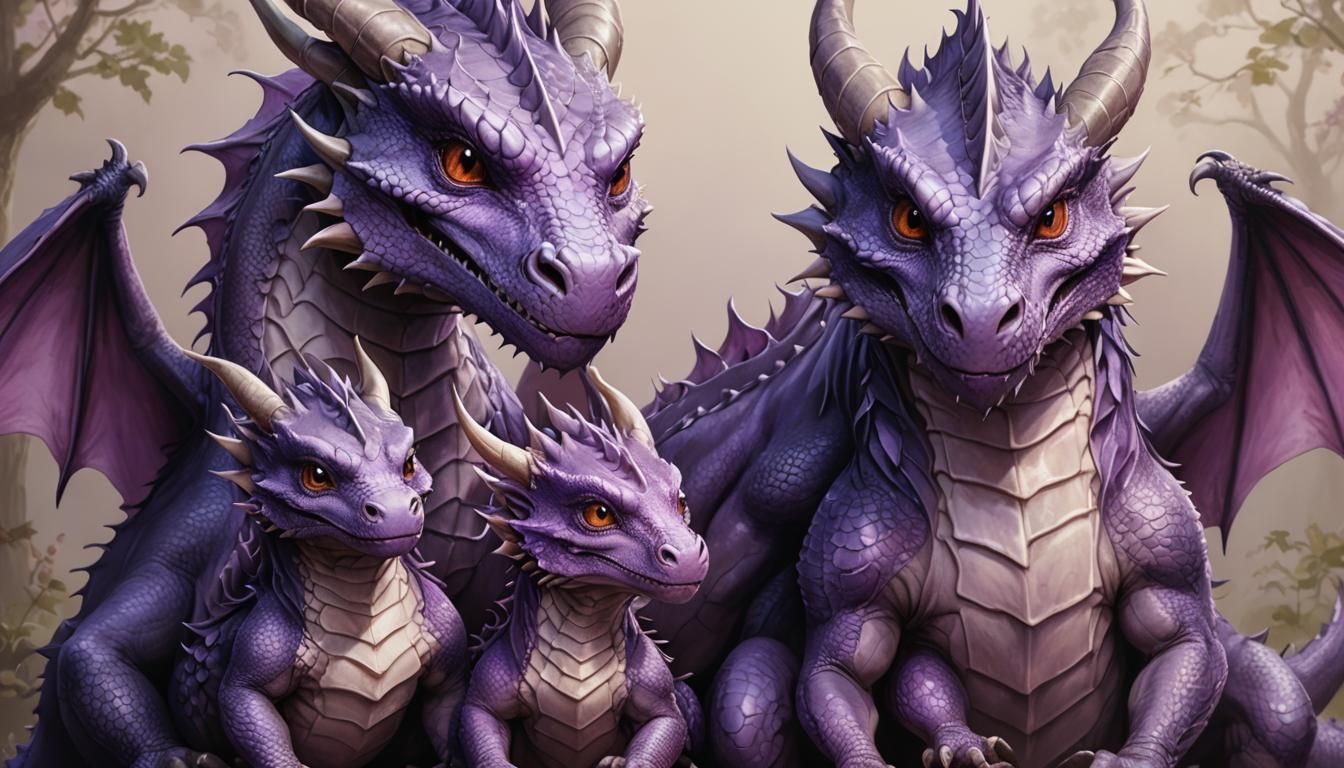 Photorealistic Purple Dragon Family Portrait