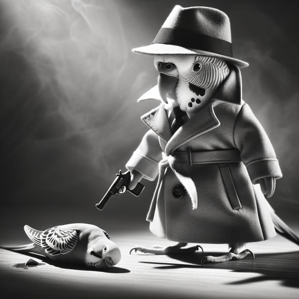 Parakeet Detective Investigates a Crime Scene in Film Noir