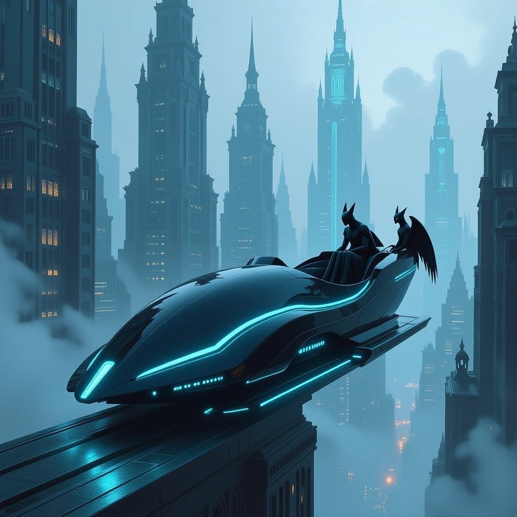 Futuristic Obsidian Sleigh in Art Deco Cityscape